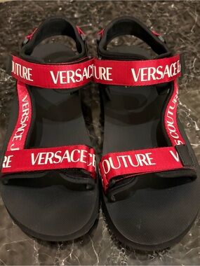Versace Red Logo Webbing Strappy Sandals